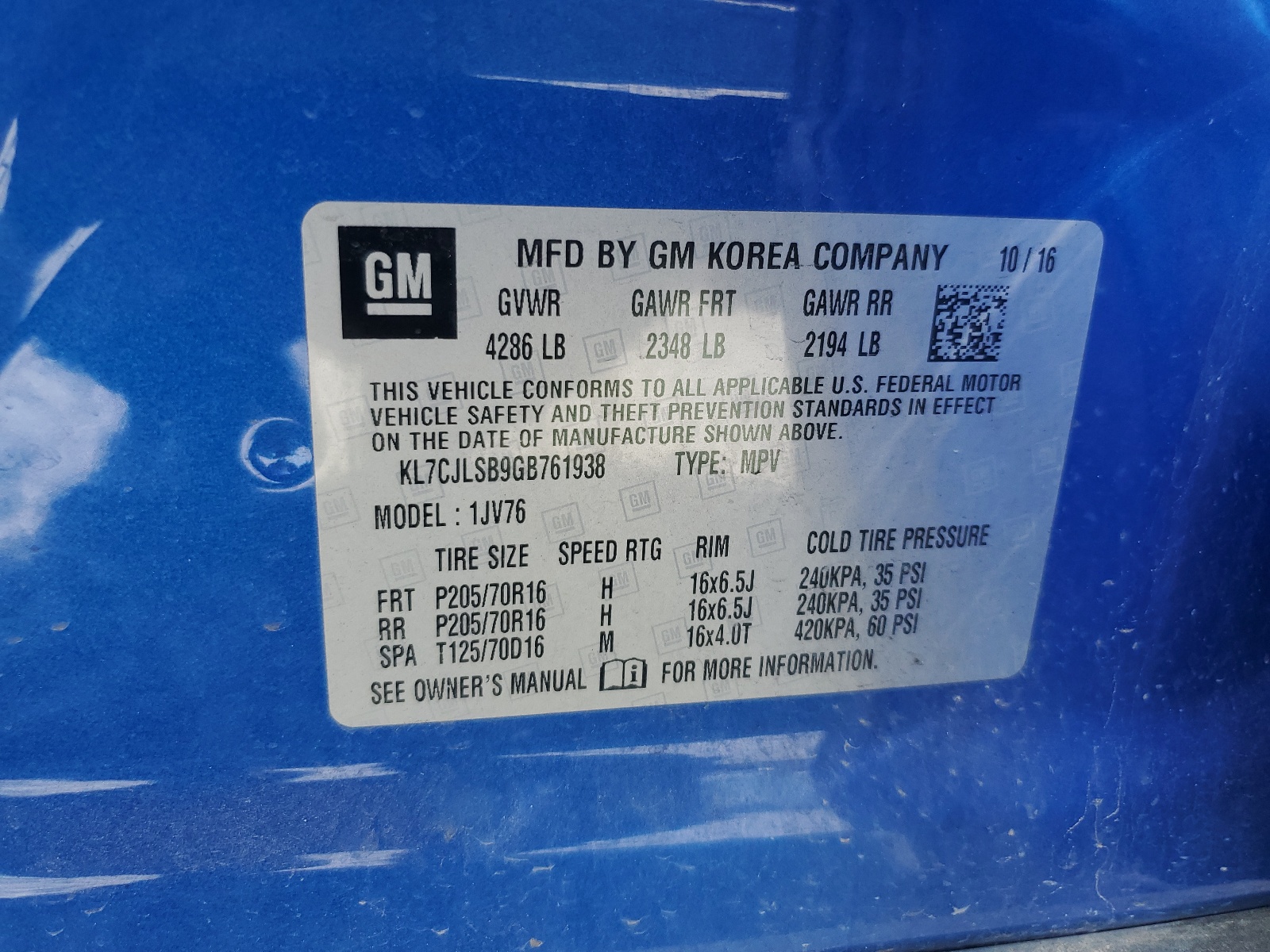 KL7CJLSB9GB761938 2016 Chevrolet Trax 1Lt