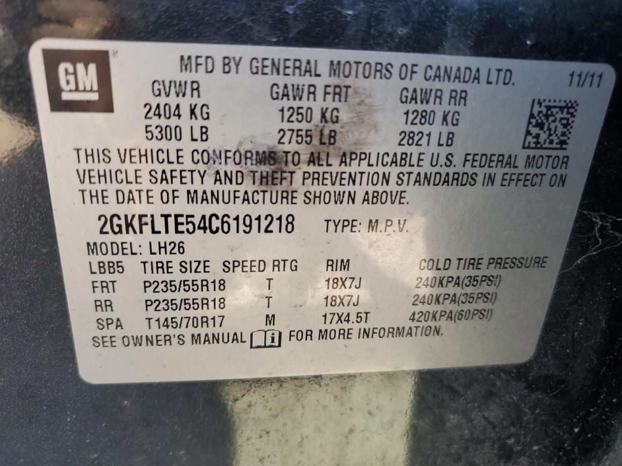 2012 GMC Terrain Sle VIN: 2GKFLTE54C6191218 Lot: 67718964