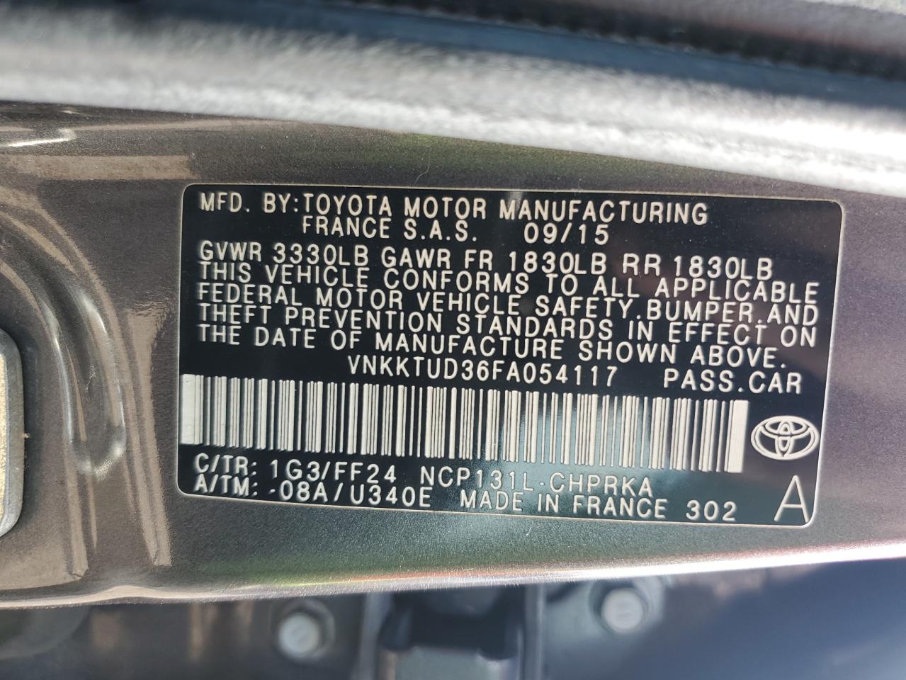 VNKKTUD36FA054117 2015 Toyota Yaris