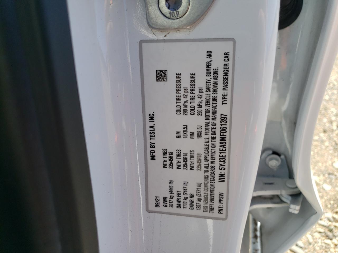 5YJ3E1EA8MF061397 2021 Tesla Model 3