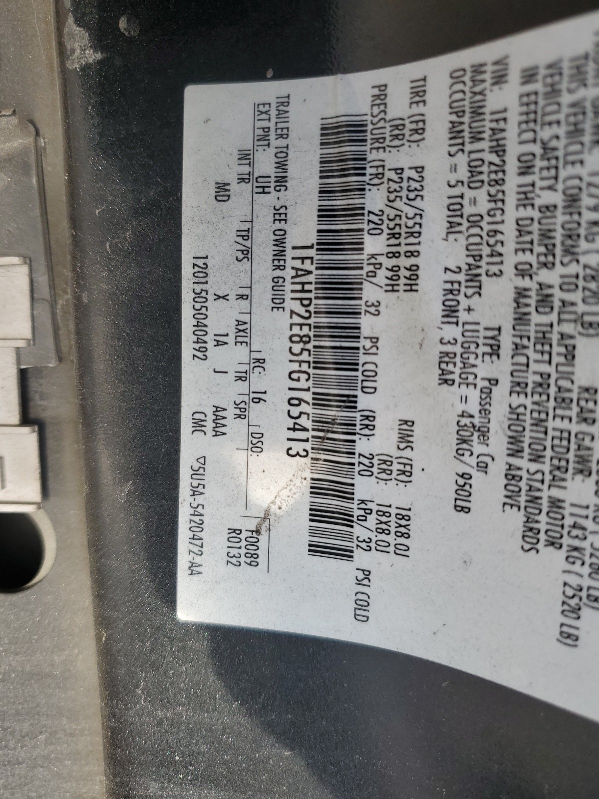 1FAHP2E85FG165413 2015 Ford Taurus Sel