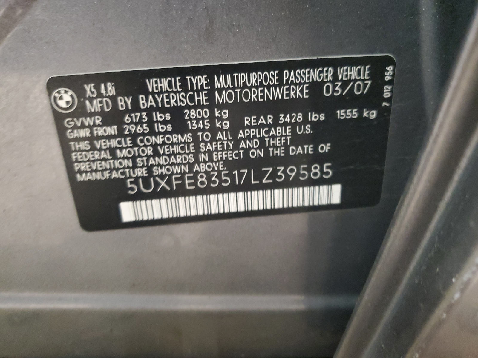 5UXFE83517LZ39585 2007 BMW X5 4.8I