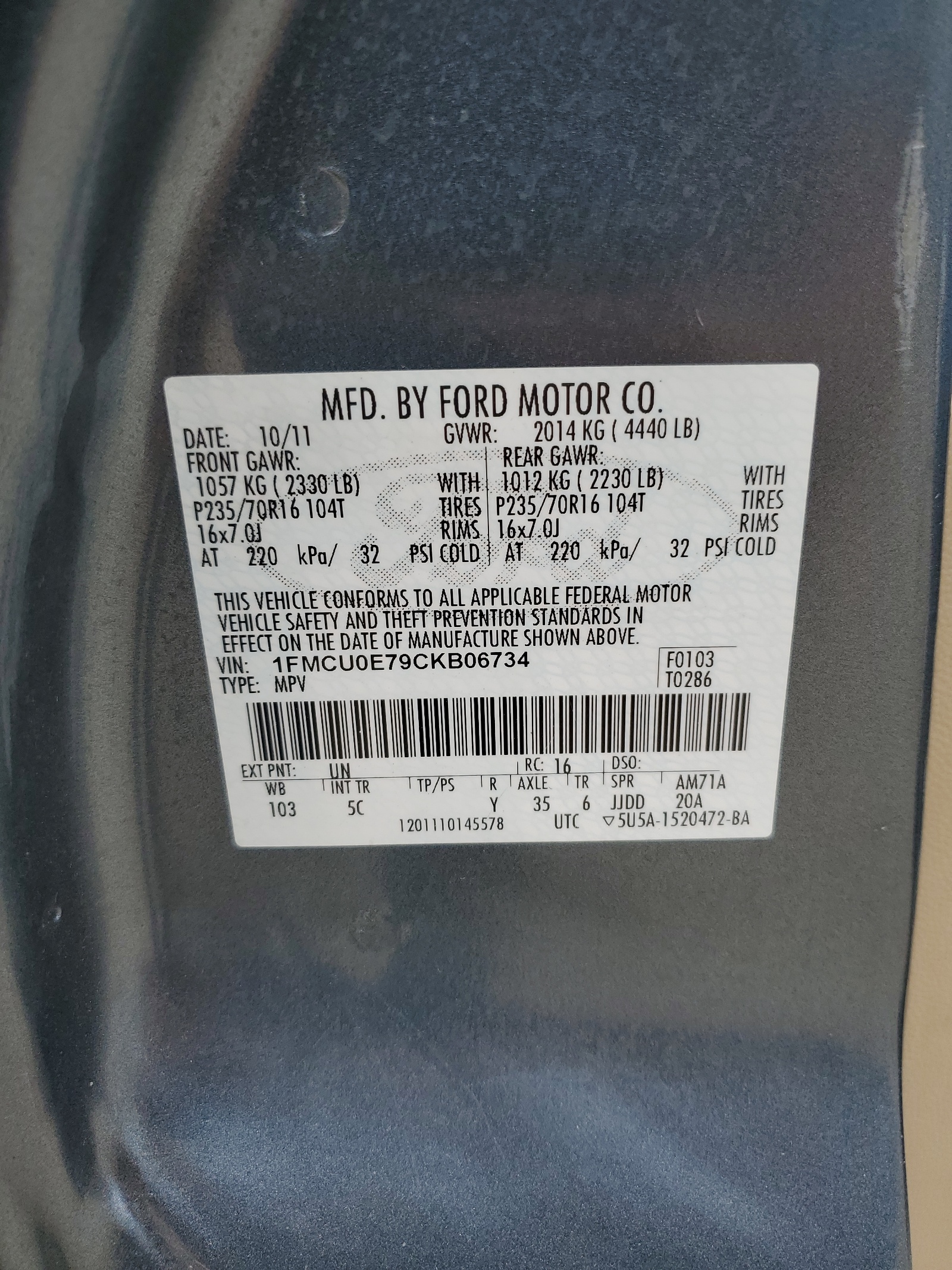 1FMCU0E79CKB06734 2012 Ford Escape Limited