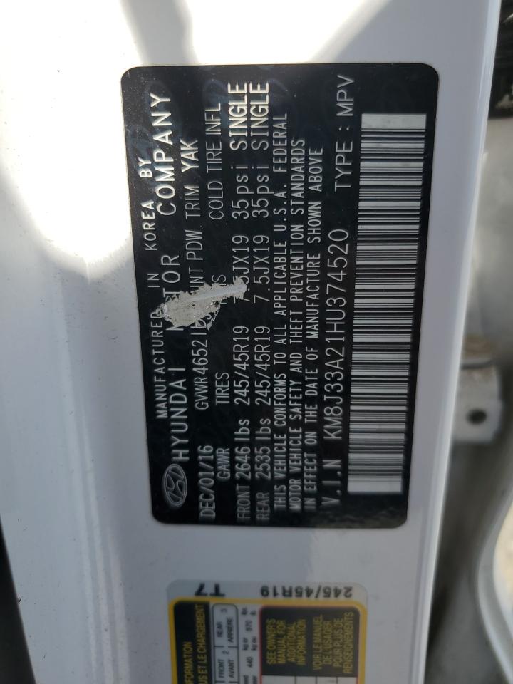 2017 Hyundai Tucson Limited VIN: KM8J33A21HU374520 Lot: 67684344