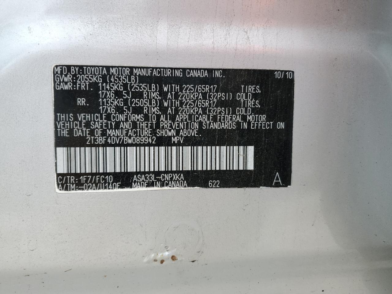 2011 Toyota Rav4 VIN: 2T3BF4DV7BW089942 Lot: 64833134