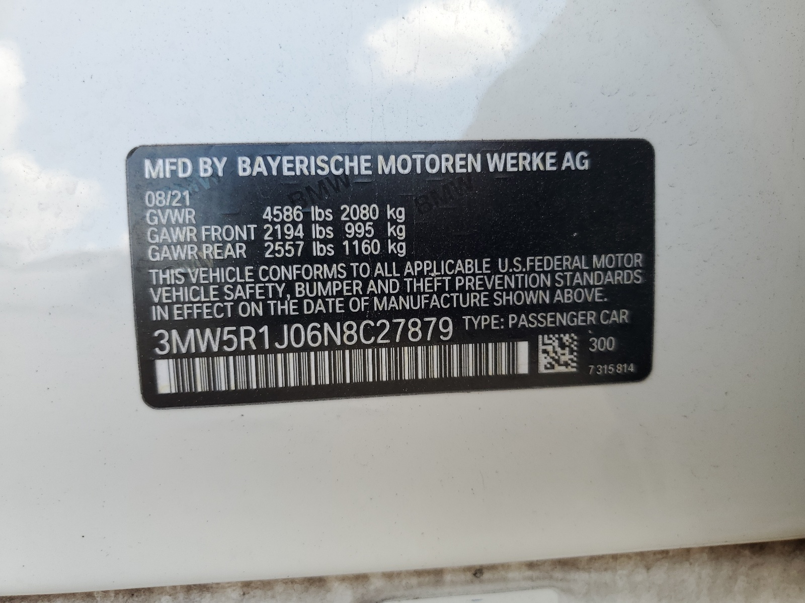3MW5R1J06N8C27879 2022 BMW 330I