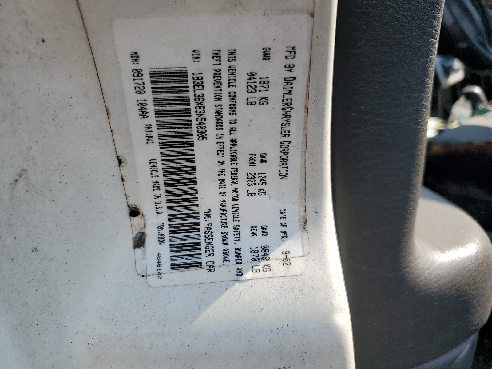 1B3EL36X83N540305 2003 Dodge Stratus Se