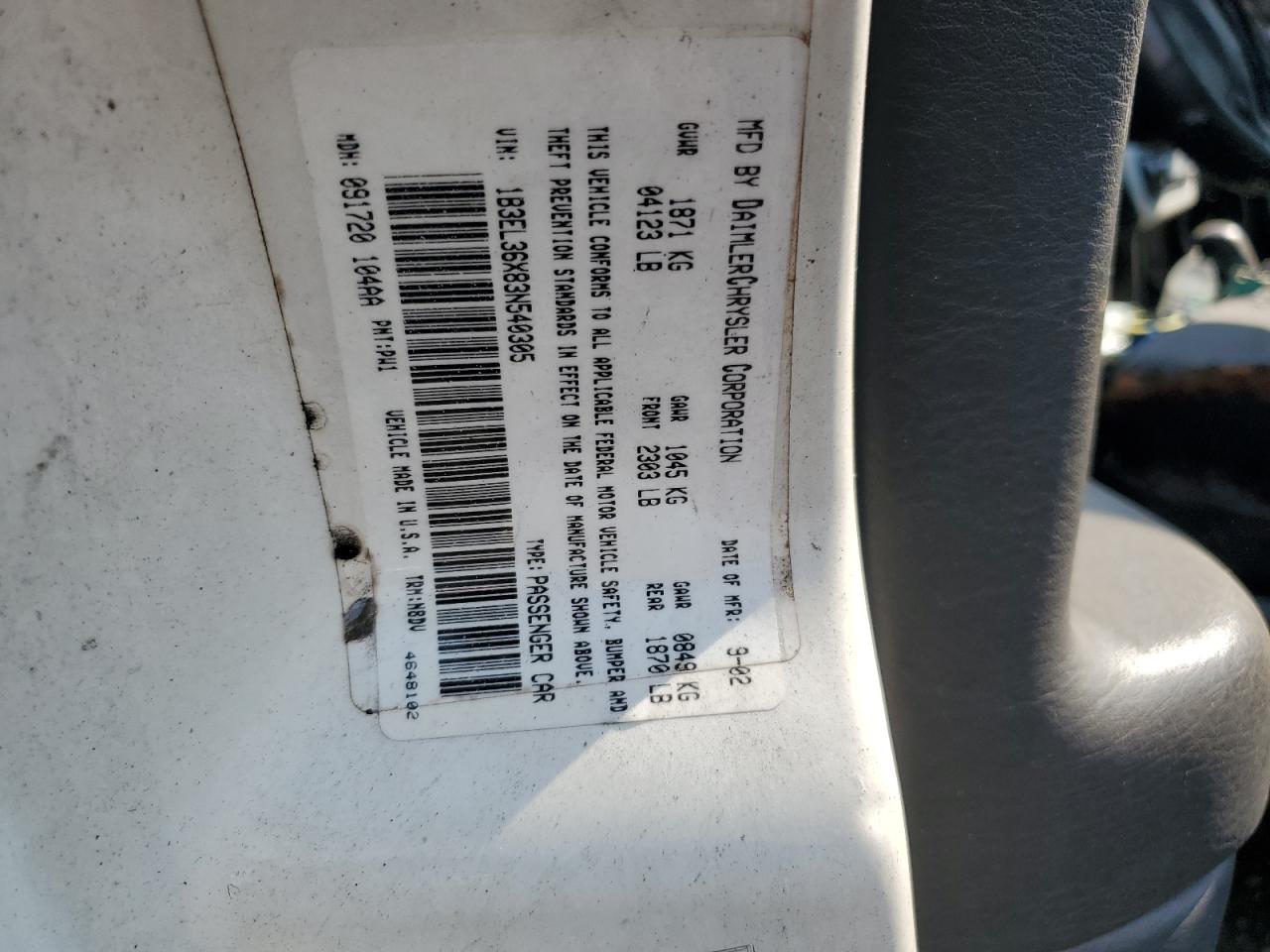 2003 Dodge Stratus Se VIN: 1B3EL36X83N540305 Lot: 66706214