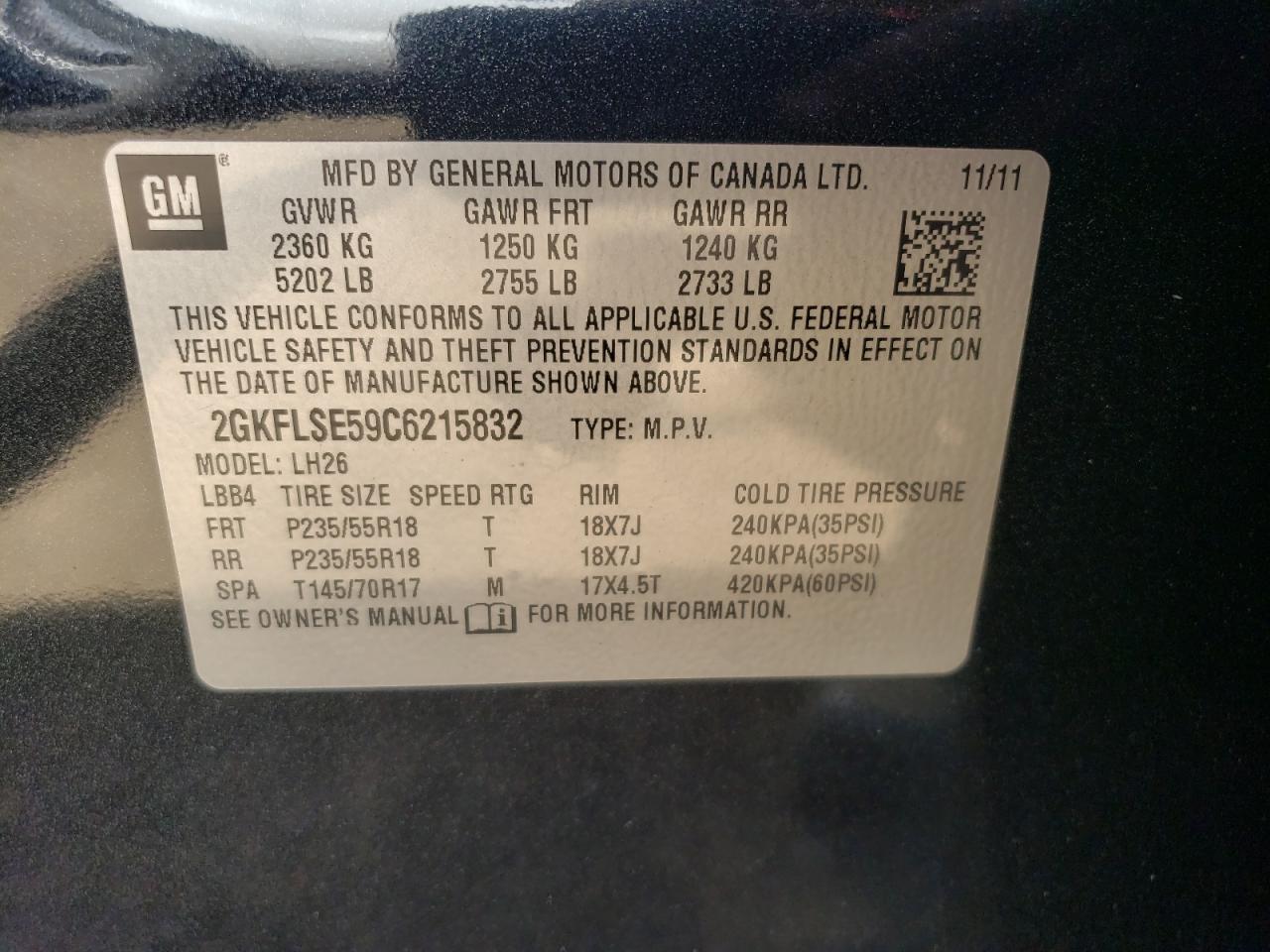 2012 GMC Terrain Sle VIN: 2GKFLSE59C6215832 Lot: 66507004