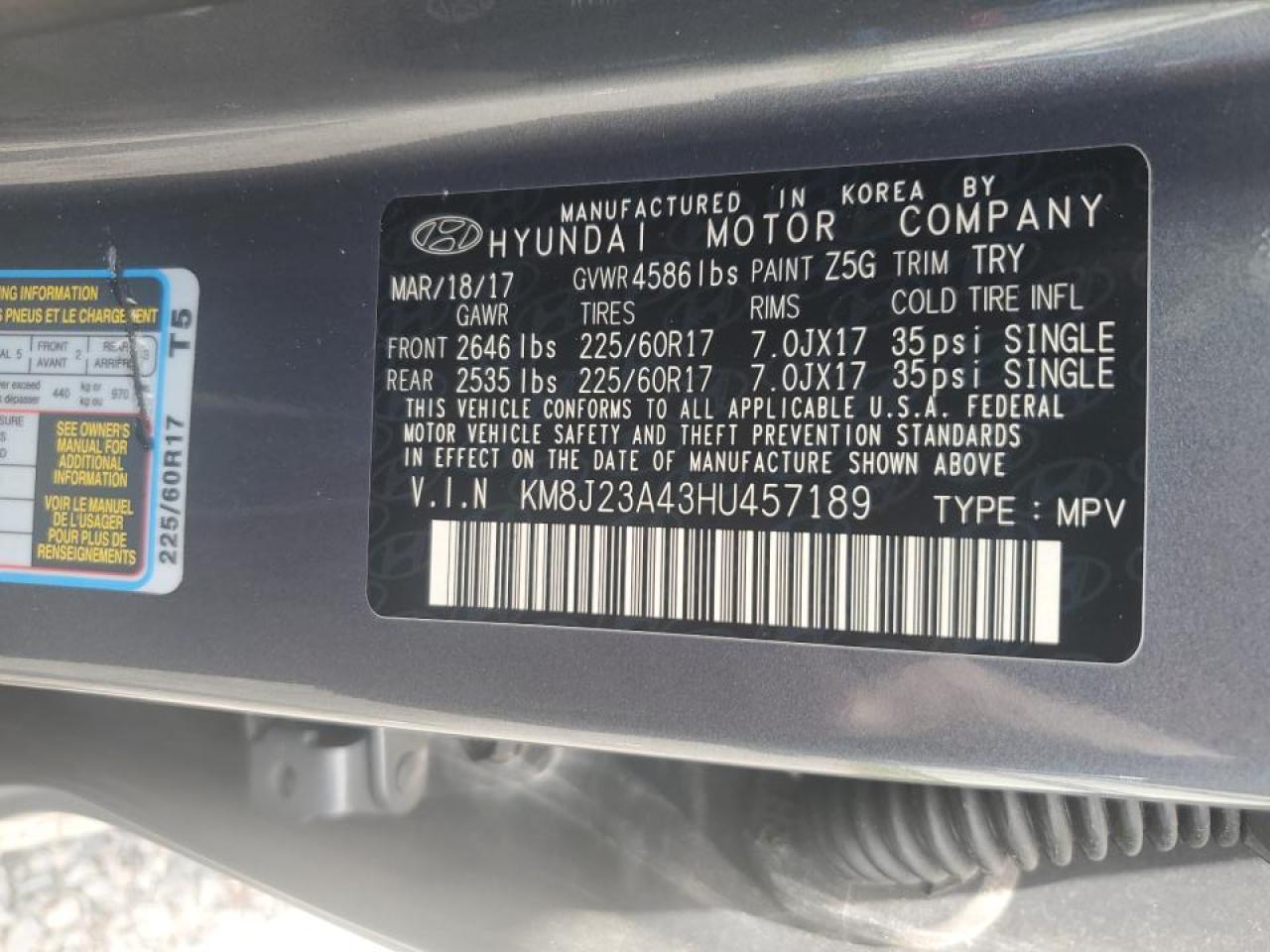 2017 Hyundai Tucson Se VIN: KM8J23A43HU457189 Lot: 68084394