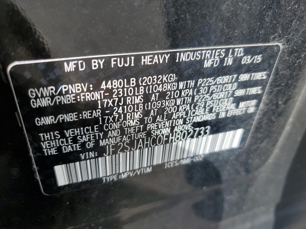 2015 Subaru Forester 2.5I Limited VIN: JF2SJAHC0FH802733 Lot: 68488804