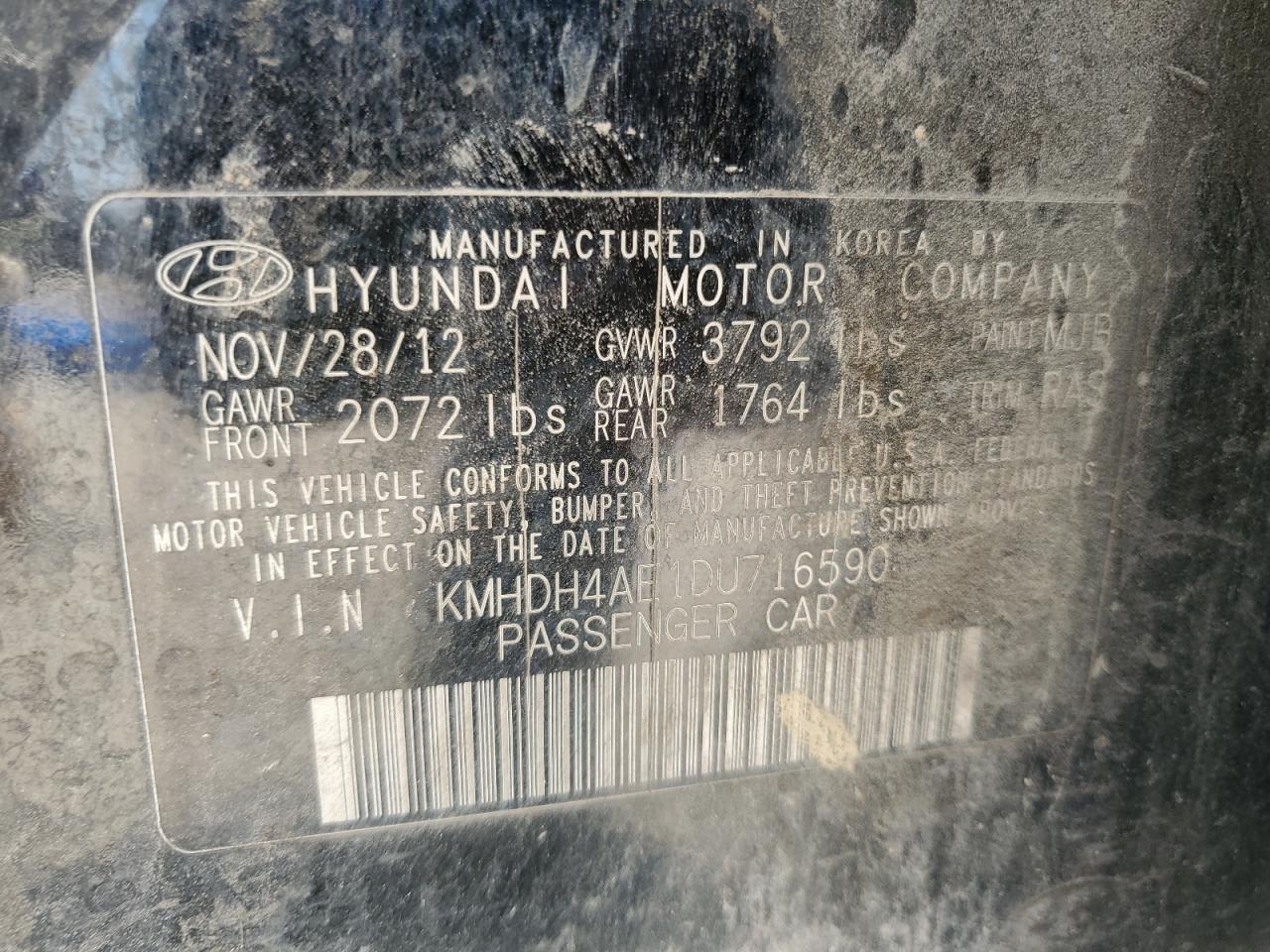 2013 Hyundai Elantra Gls VIN: KMHDH4AE1DU716590 Lot: 67388594