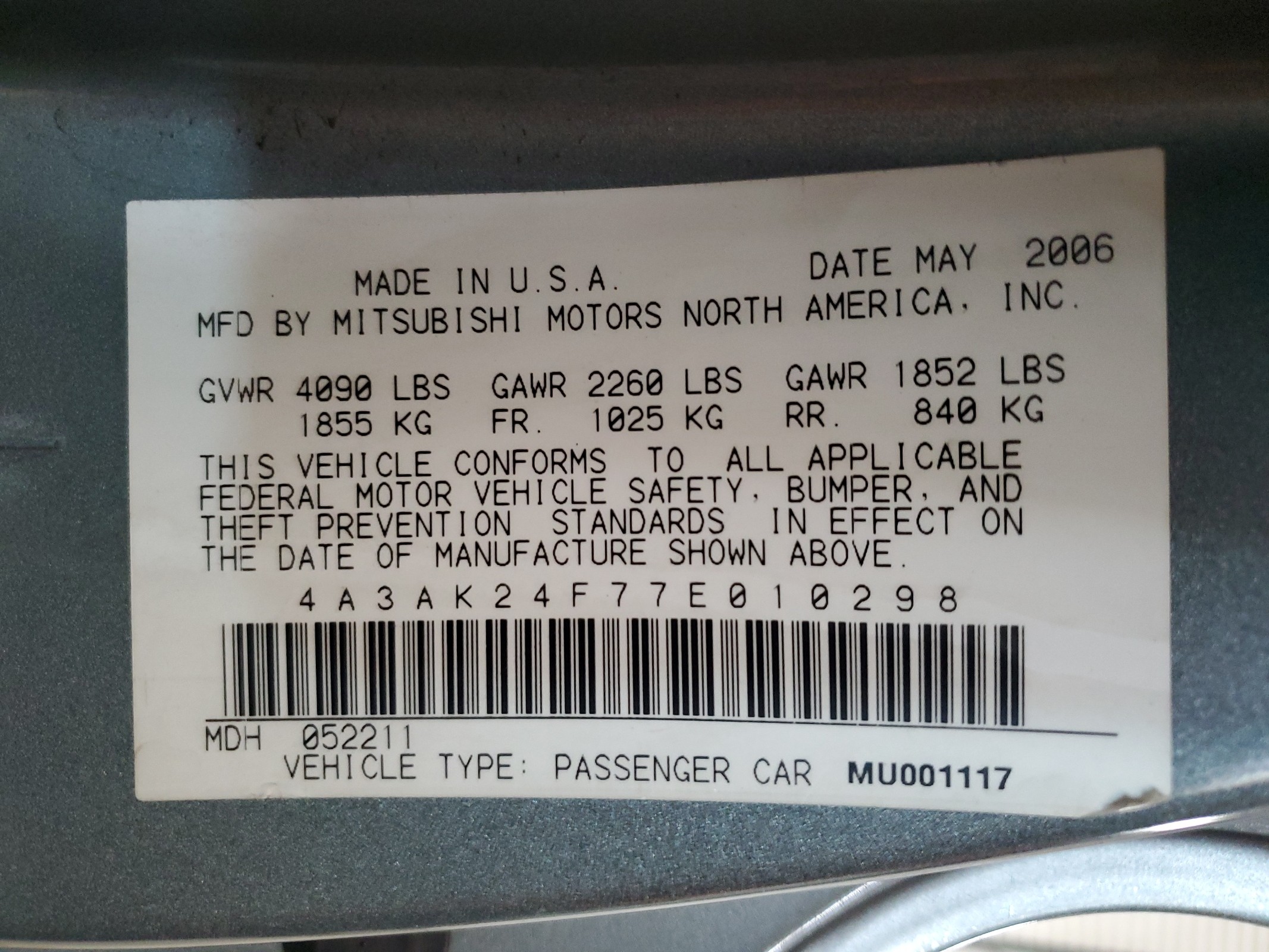 4A3AK24F77E010298 2007 Mitsubishi Eclipse Gs