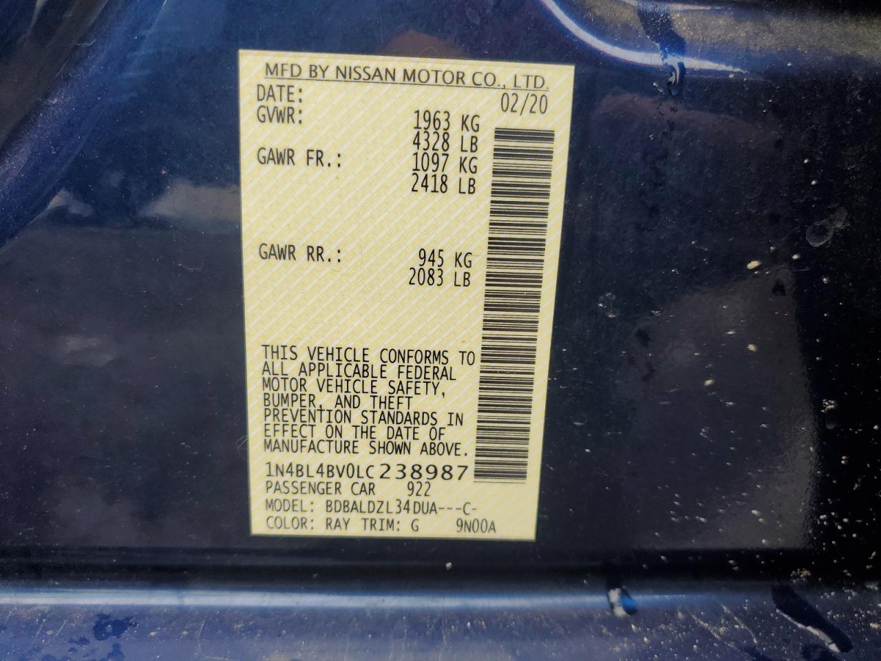 1N4BL4BV0LC238987 2020 Nissan Altima S