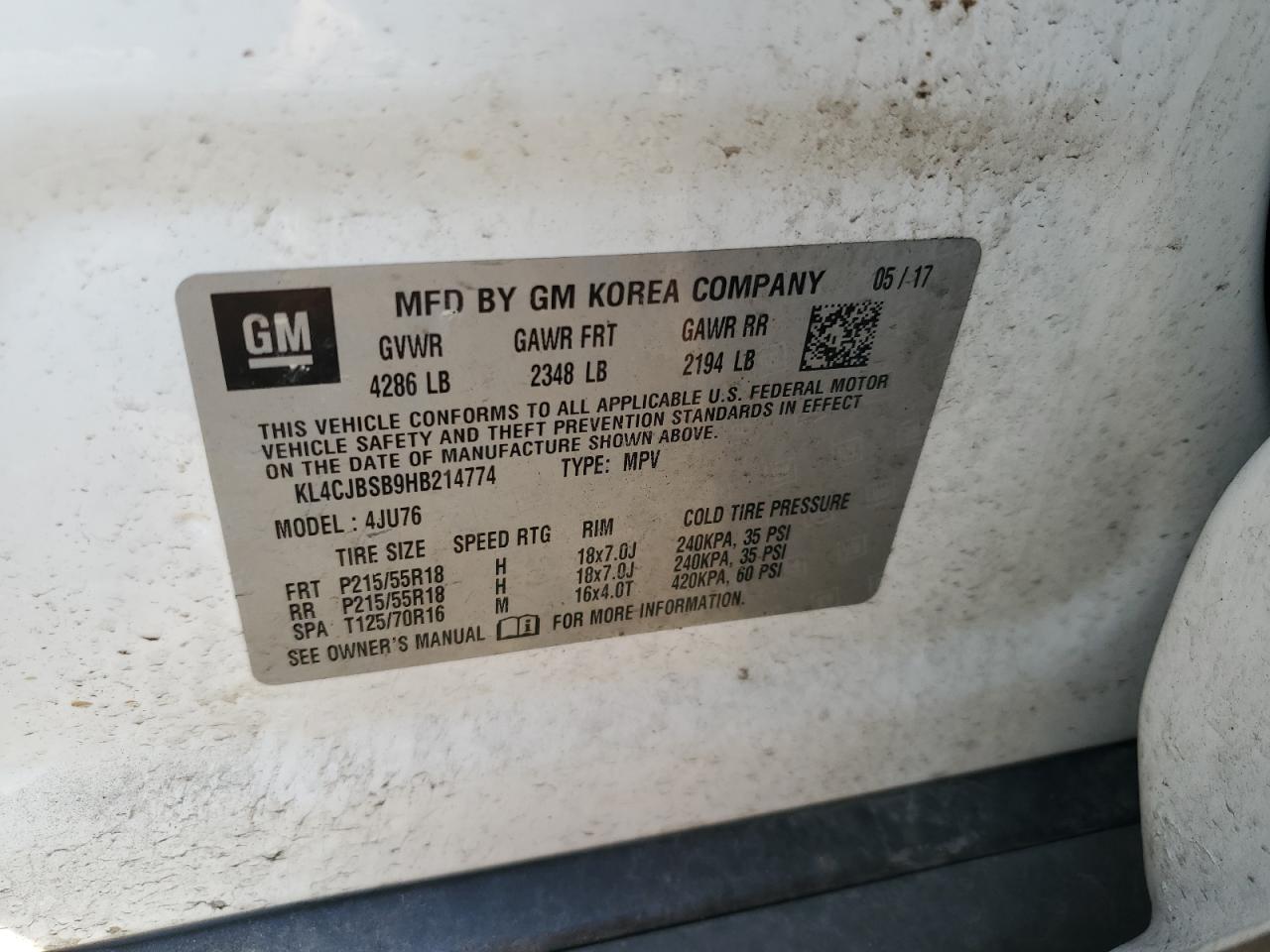 2017 Buick Encore Preferred Ii VIN: KL4CJBSB9HB214774 Lot: 68097964