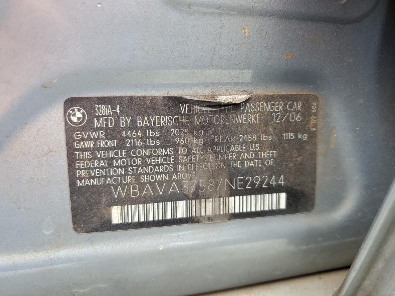 2007 BMW 328 I VIN: WBAVA37587NE29244 Lot: 66771304
