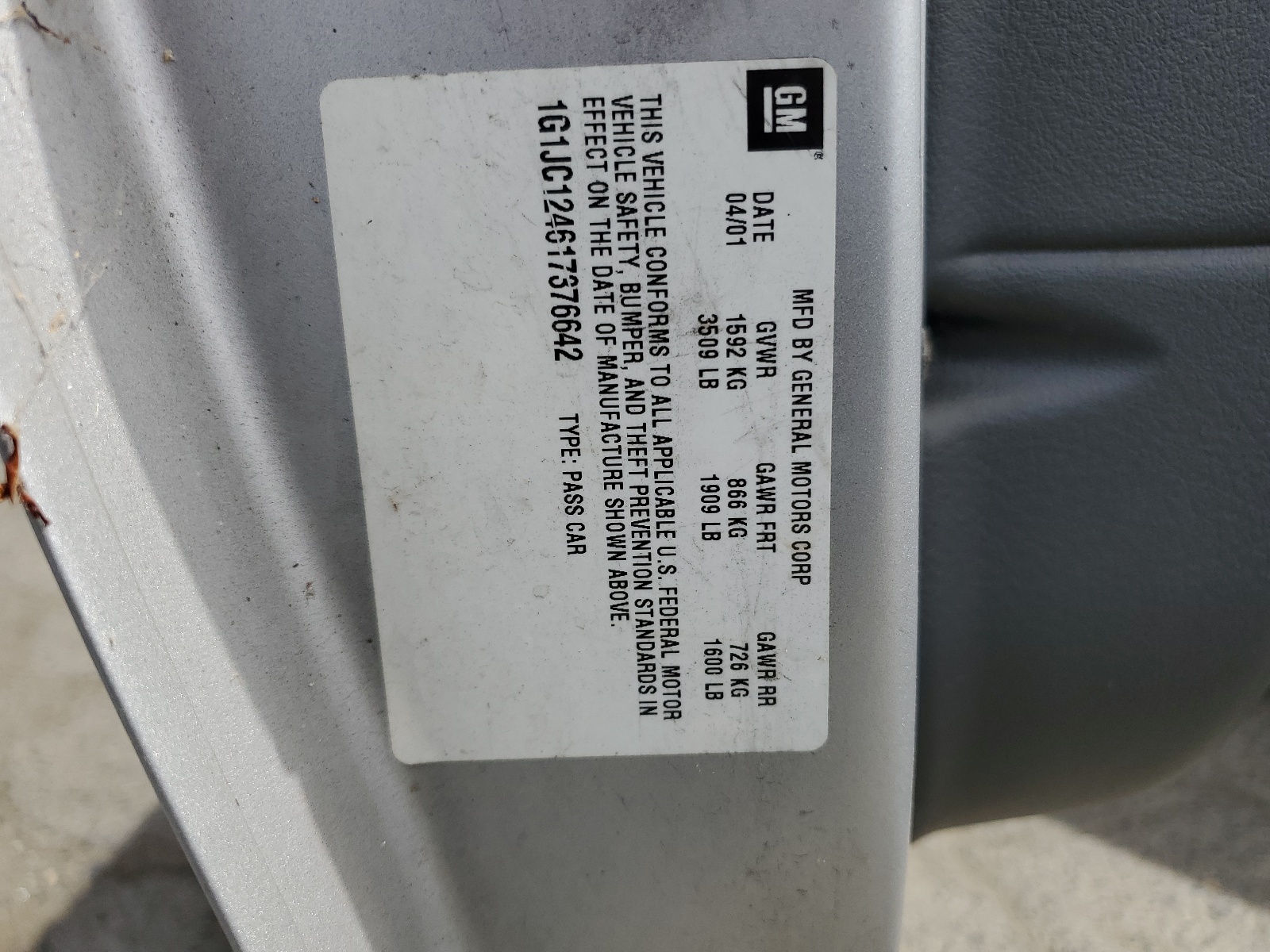 1G1JC124617376642 2001 Chevrolet Cavalier