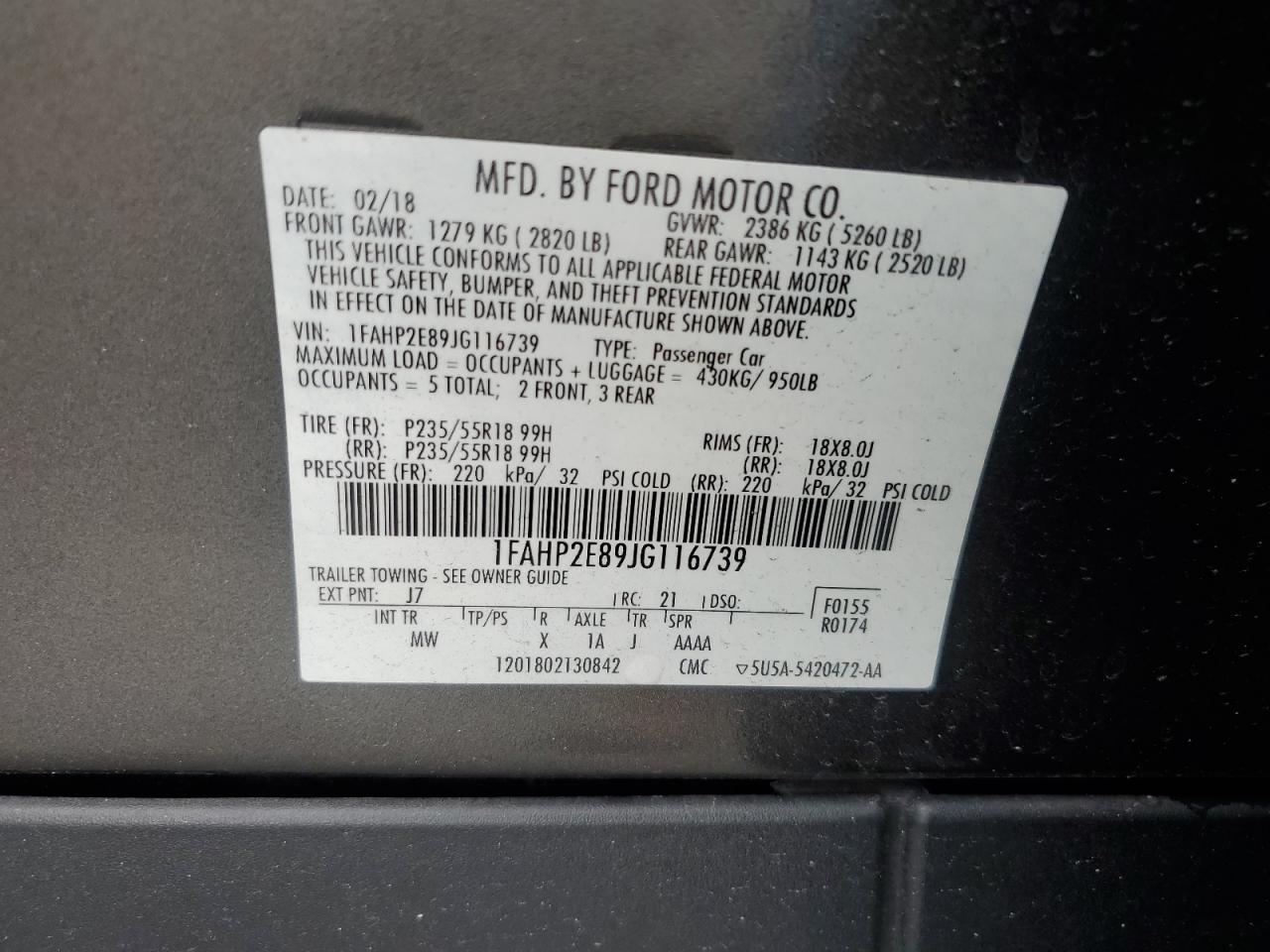 2018 Ford Taurus Sel VIN: 1FAHP2E89JG116739 Lot: 65532914