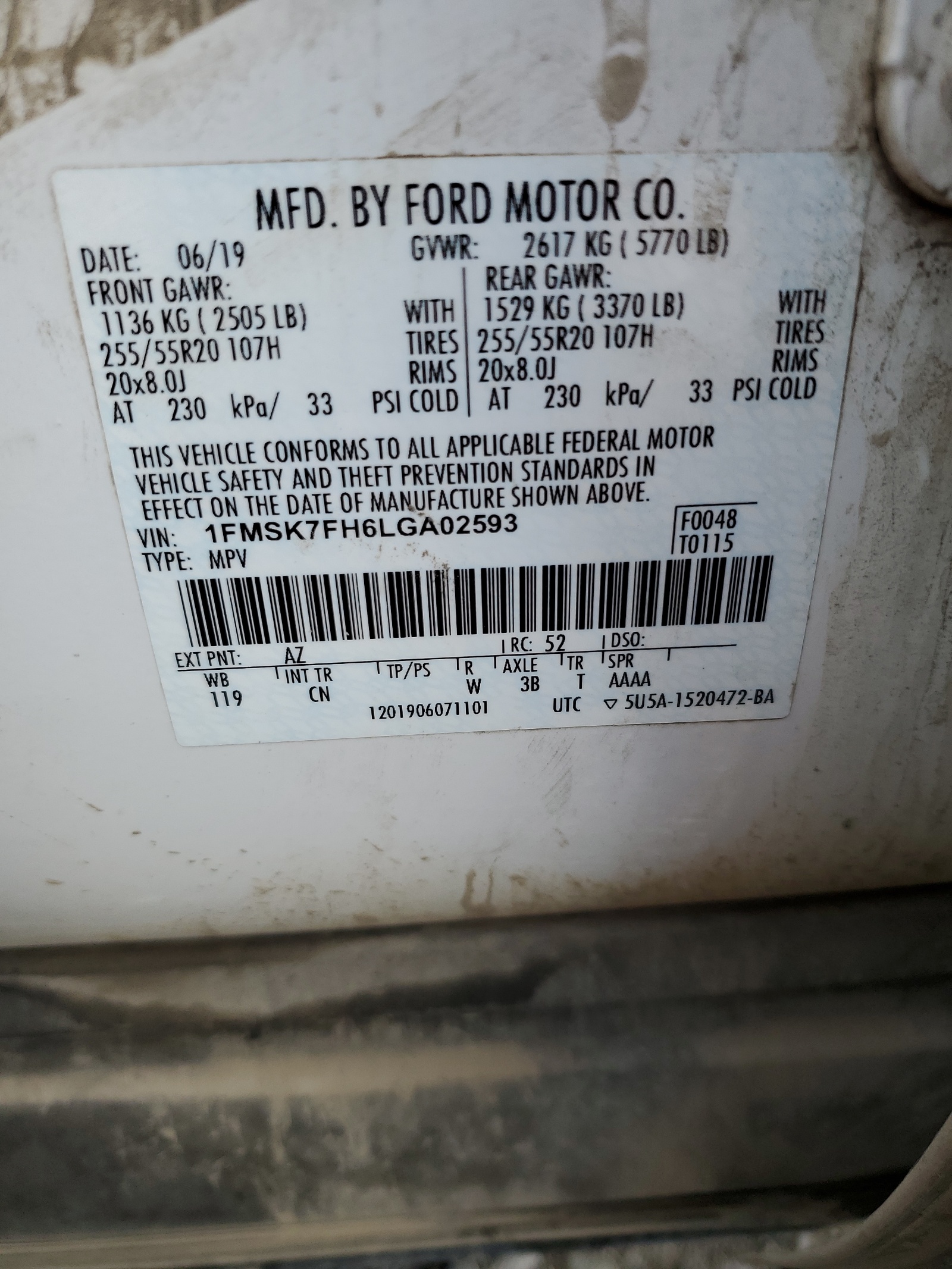 1FMSK7FH6LGA02593 2020 Ford Explorer Limited