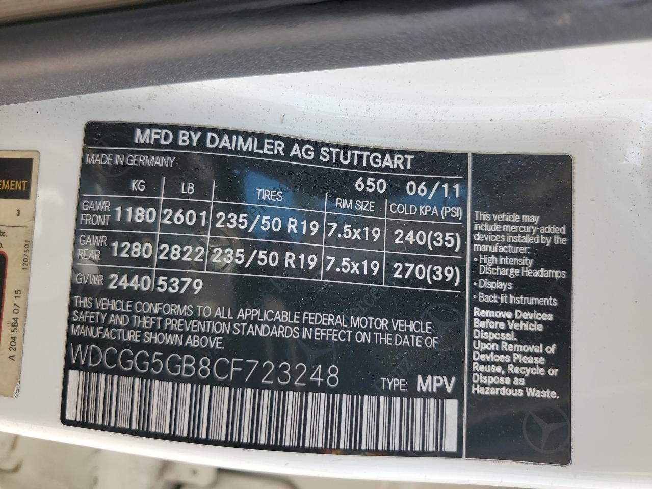 2012 Mercedes-Benz Glk 350 VIN: WDCGG5GB8CF723248 Lot: 66750264