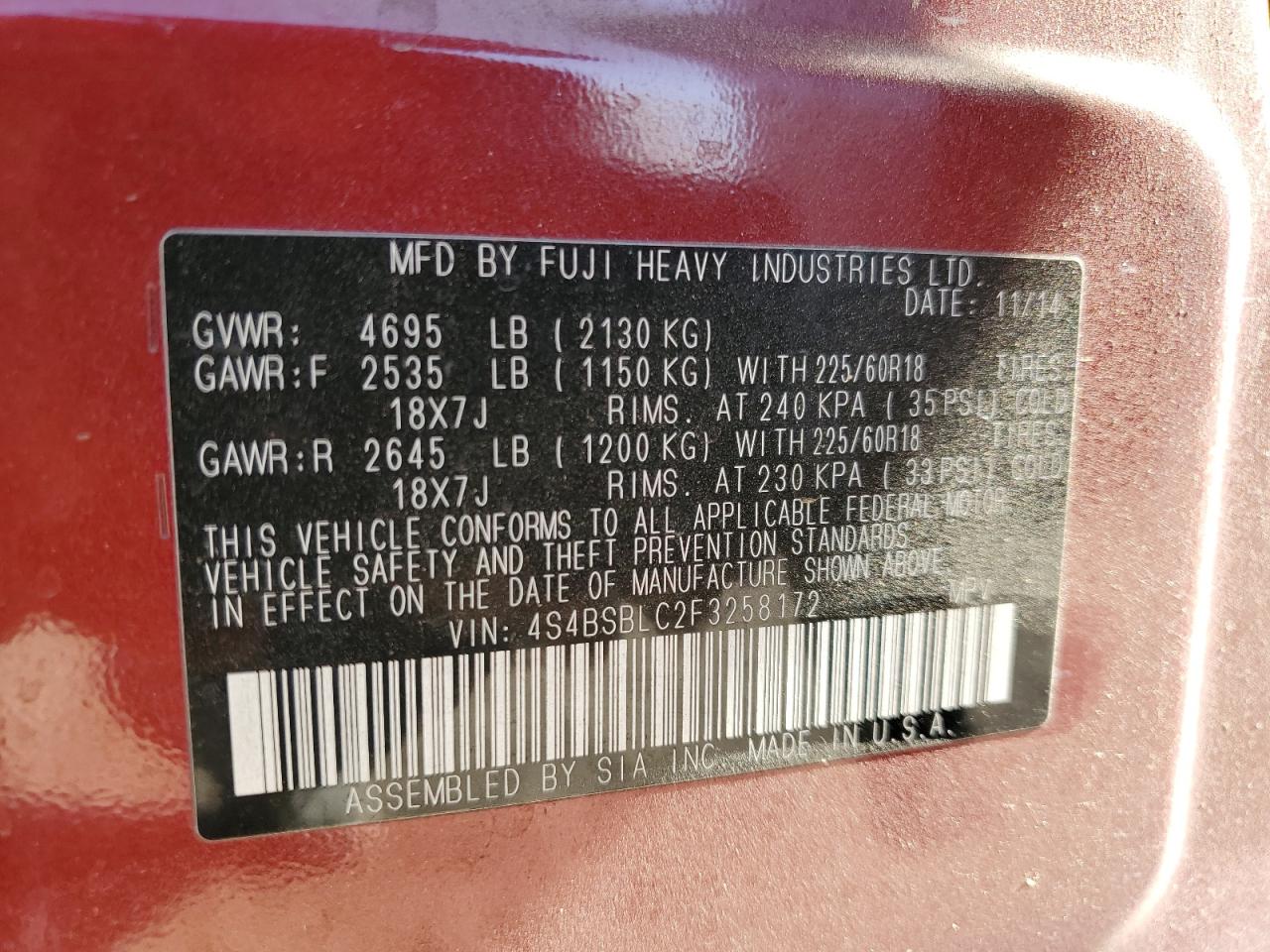 2015 Subaru Outback 2.5I Limited VIN: 4S4BSBLC2F3258172 Lot: 68909784