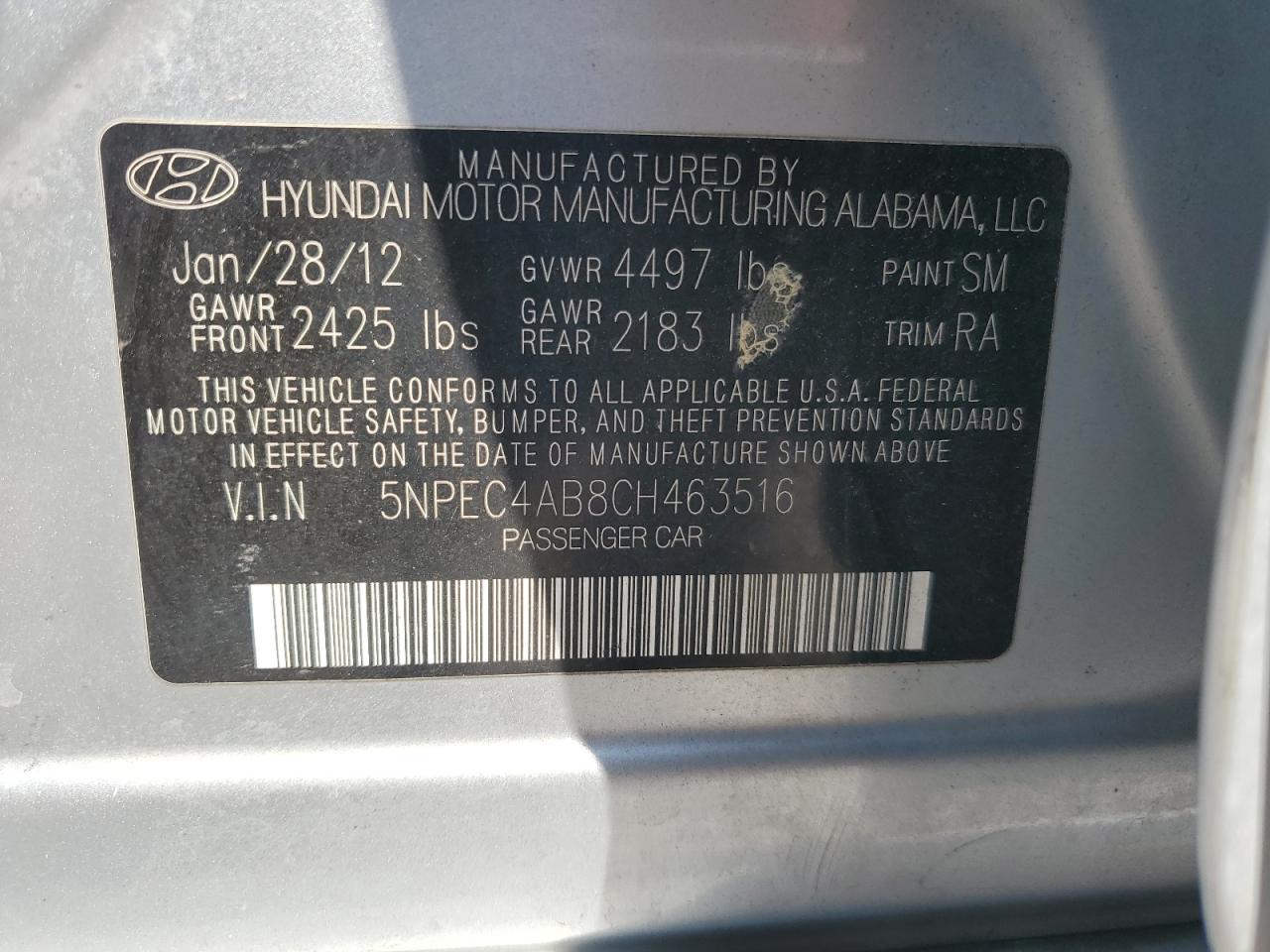 2012 Hyundai Sonata Se VIN: 5NPEC4AB8CH463516 Lot: 67766134