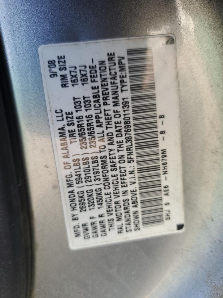 2009 Honda Odyssey Exl VIN: 5FNRL38769B011391 Lot: 69342484