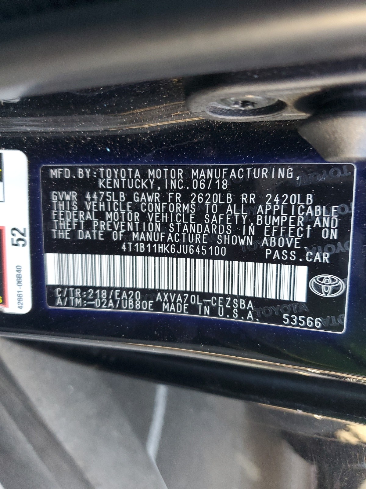 4T1B11HK6JU645100 2018 Toyota Camry L