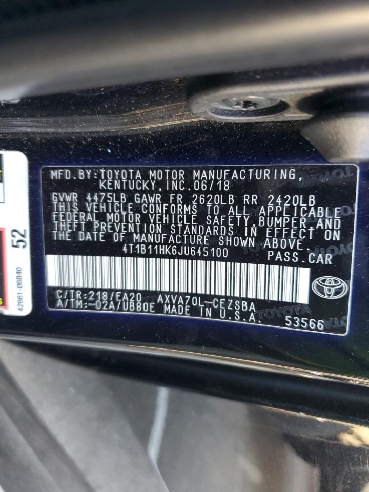 4T1B11HK6JU645100 2018 TOYOTA CAMRY - Image 12