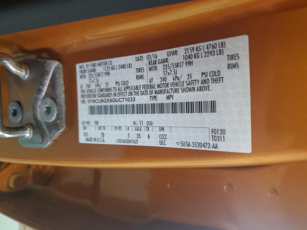 2016 Ford Escape Se VIN: 1FMCU9GX9GUC71033 Lot: 67900804