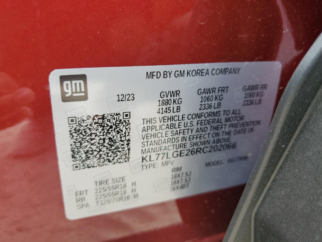 2024 Chevrolet Trax 1Rs VIN: KL77LGE26RC202066 Lot: 68358894