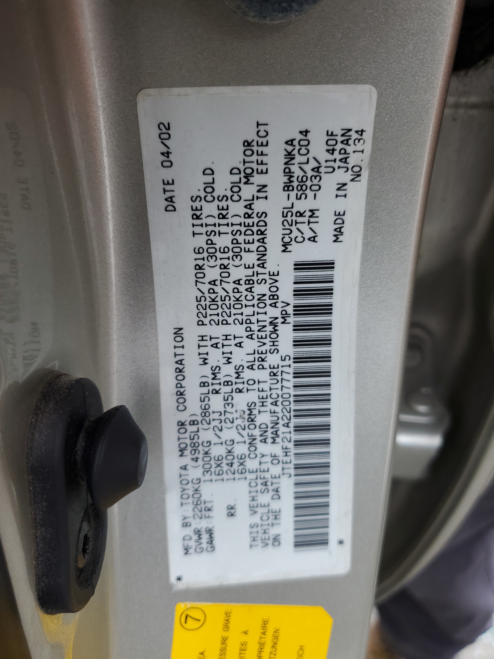 JTEHF21A220077715 2002 Toyota Highlander Limited