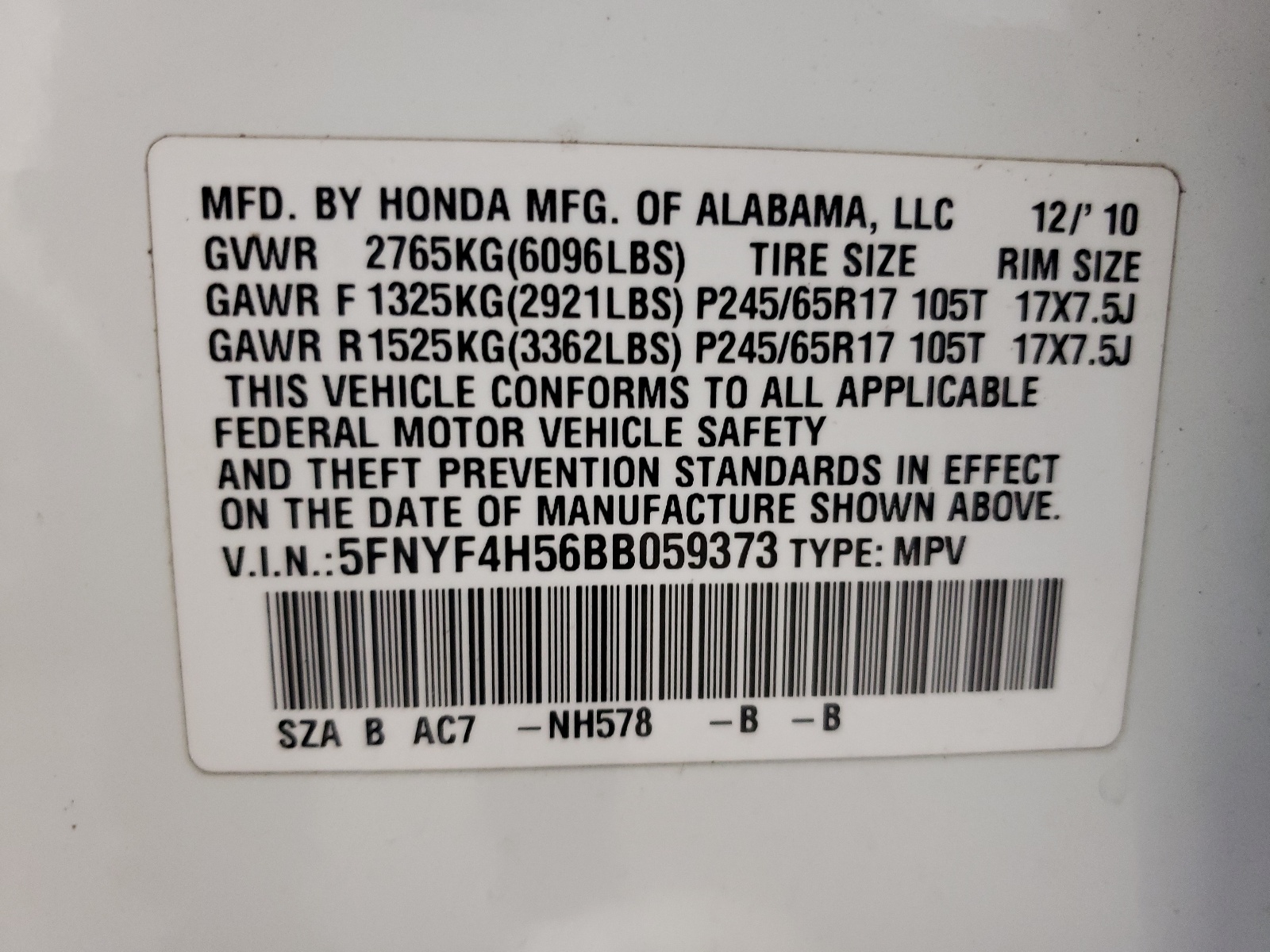5FNYF4H56BB059373 2011 Honda Pilot Exl