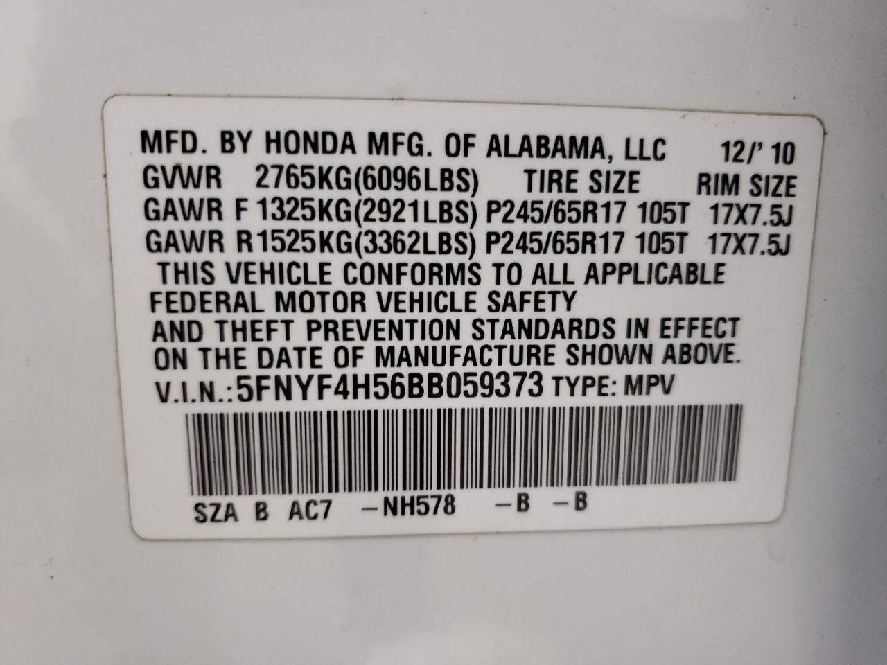 2011 Honda Pilot Exl VIN: 5FNYF4H56BB059373 Lot: 62886774