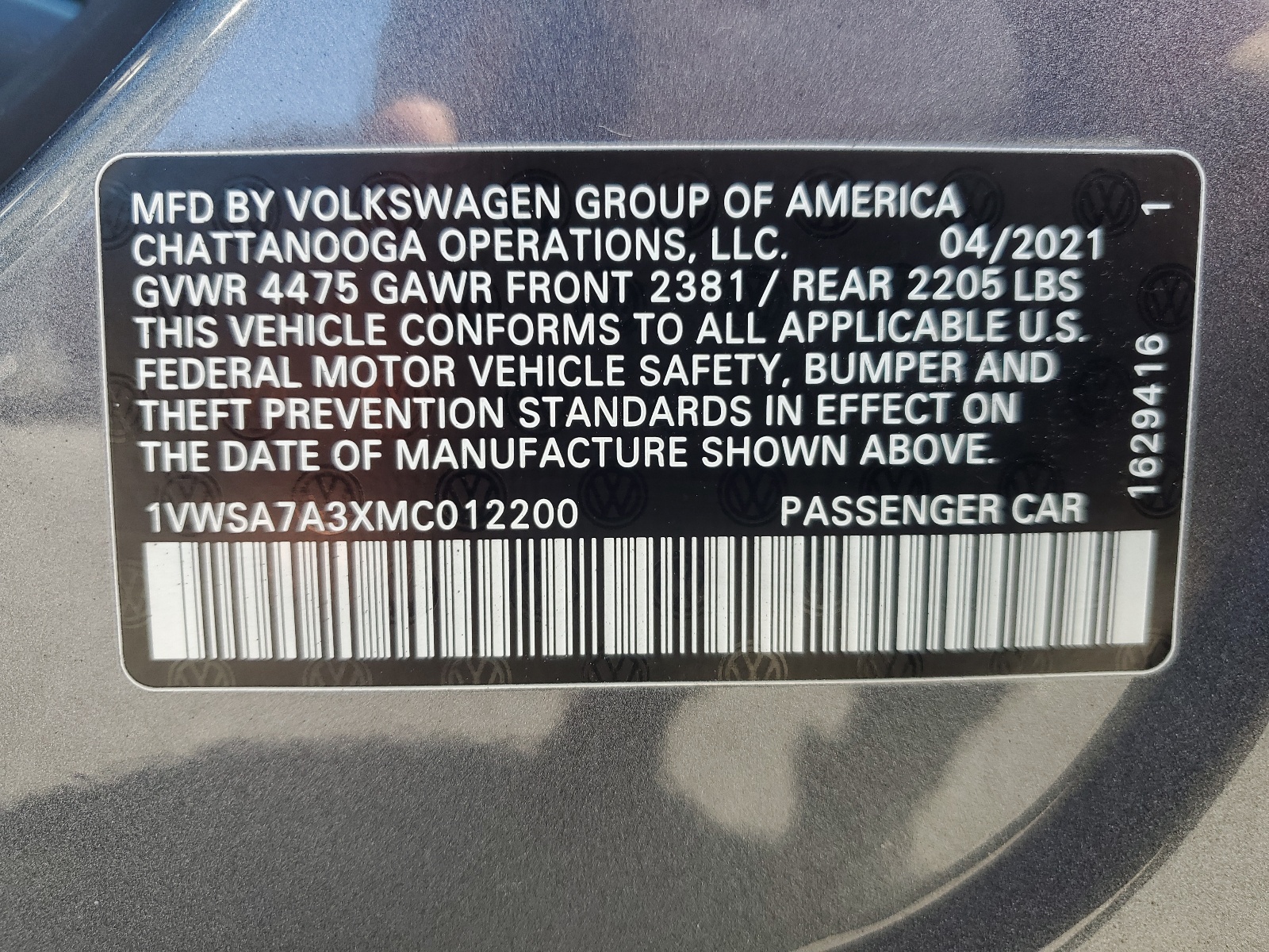 1VWSA7A3XMC012200 2021 Volkswagen Passat Se