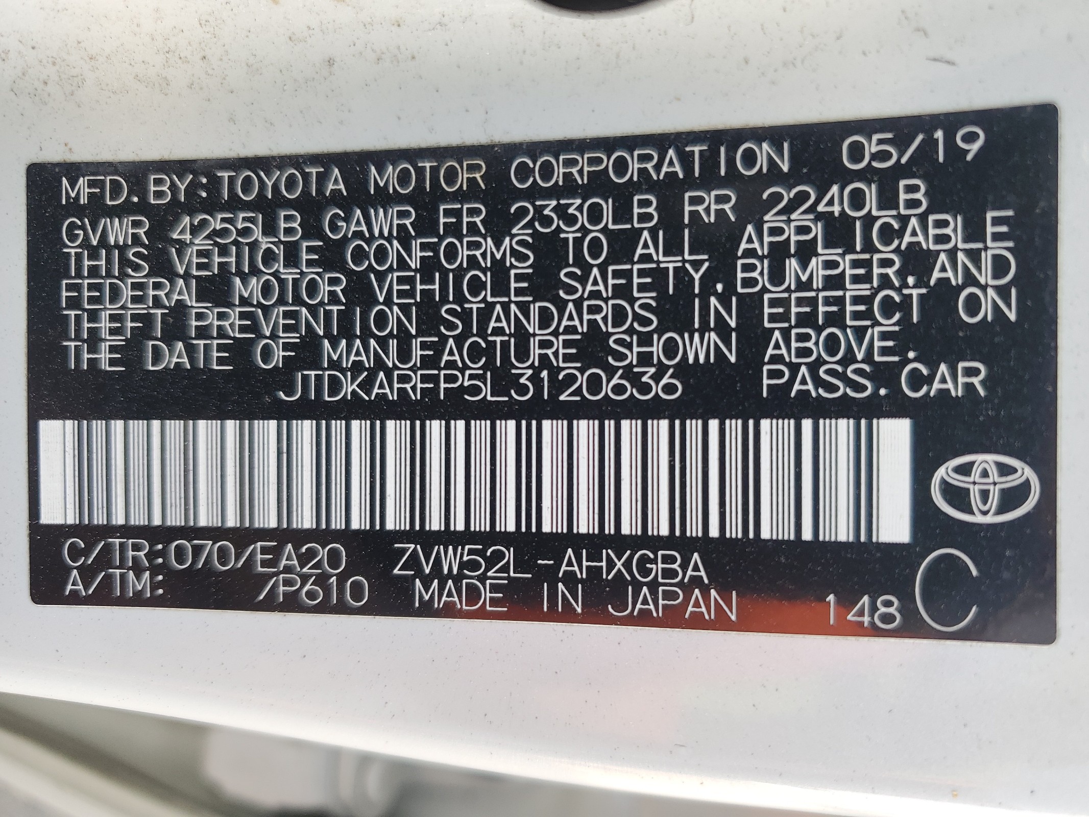 JTDKARFP5L3120636 2020 Toyota Prius Prime Le