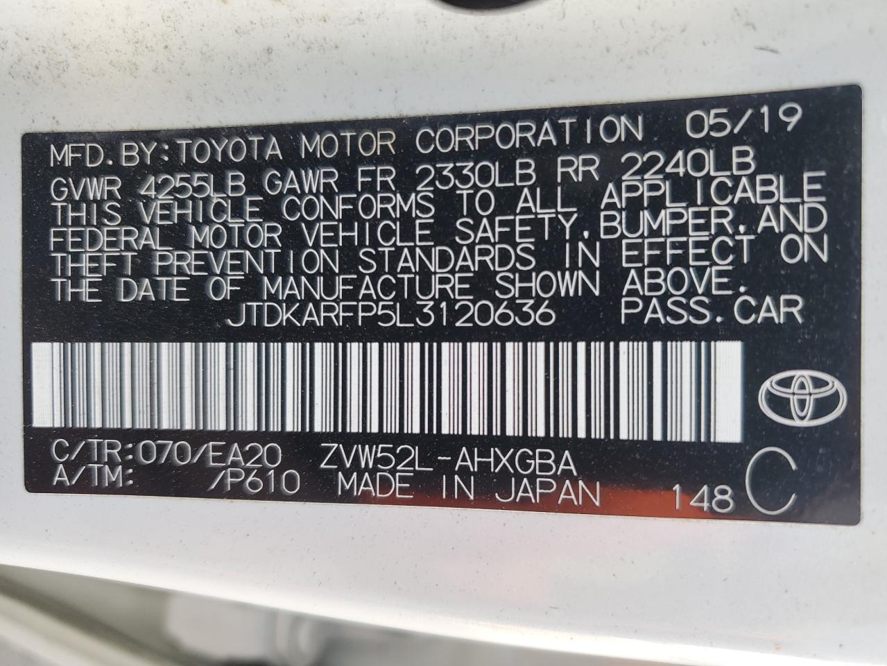 2020 Toyota Prius Prime Le VIN: JTDKARFP5L3120636 Lot: 66197614