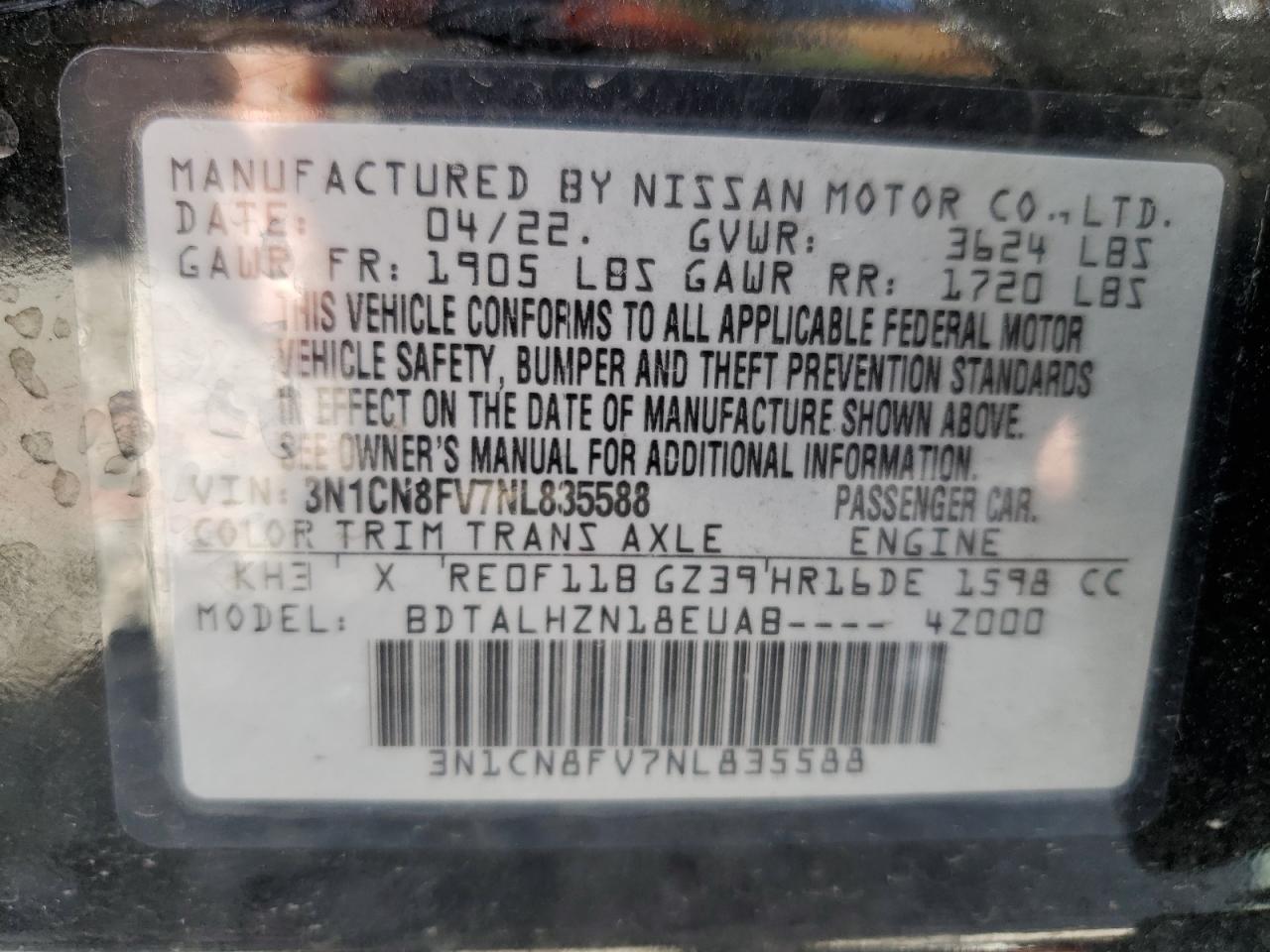 2022 Nissan Versa Sr VIN: 3N1CN8FV7NL835588 Lot: 65545754