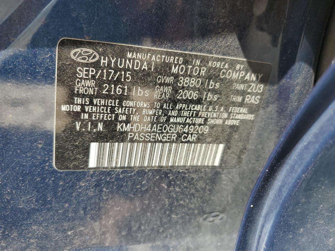 2016 Hyundai Elantra Se VIN: KMHDH4AE0GU649209 Lot: 67091914