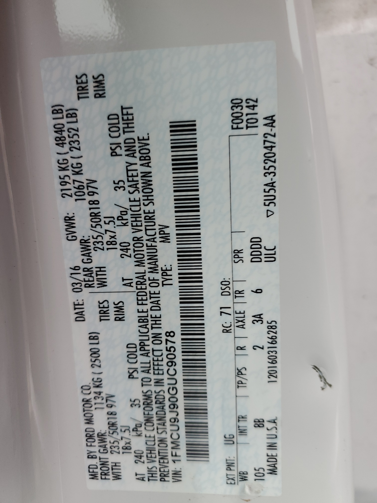 1FMCU9J90GUC90578 2016 Ford Escape Titanium