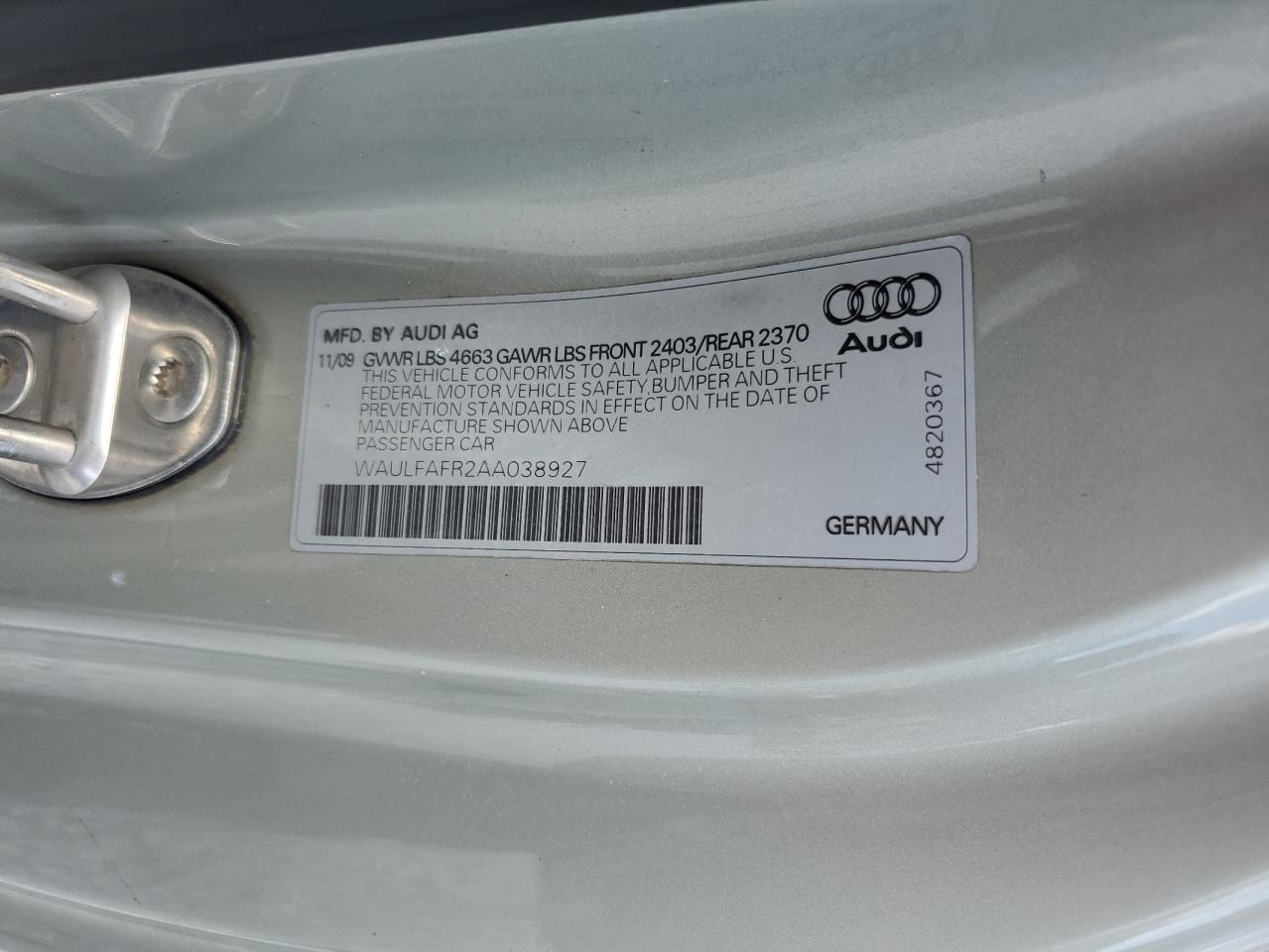 2010 Audi A5 Premium Plus VIN: WAULFAFR2AA038927 Lot: 69512444