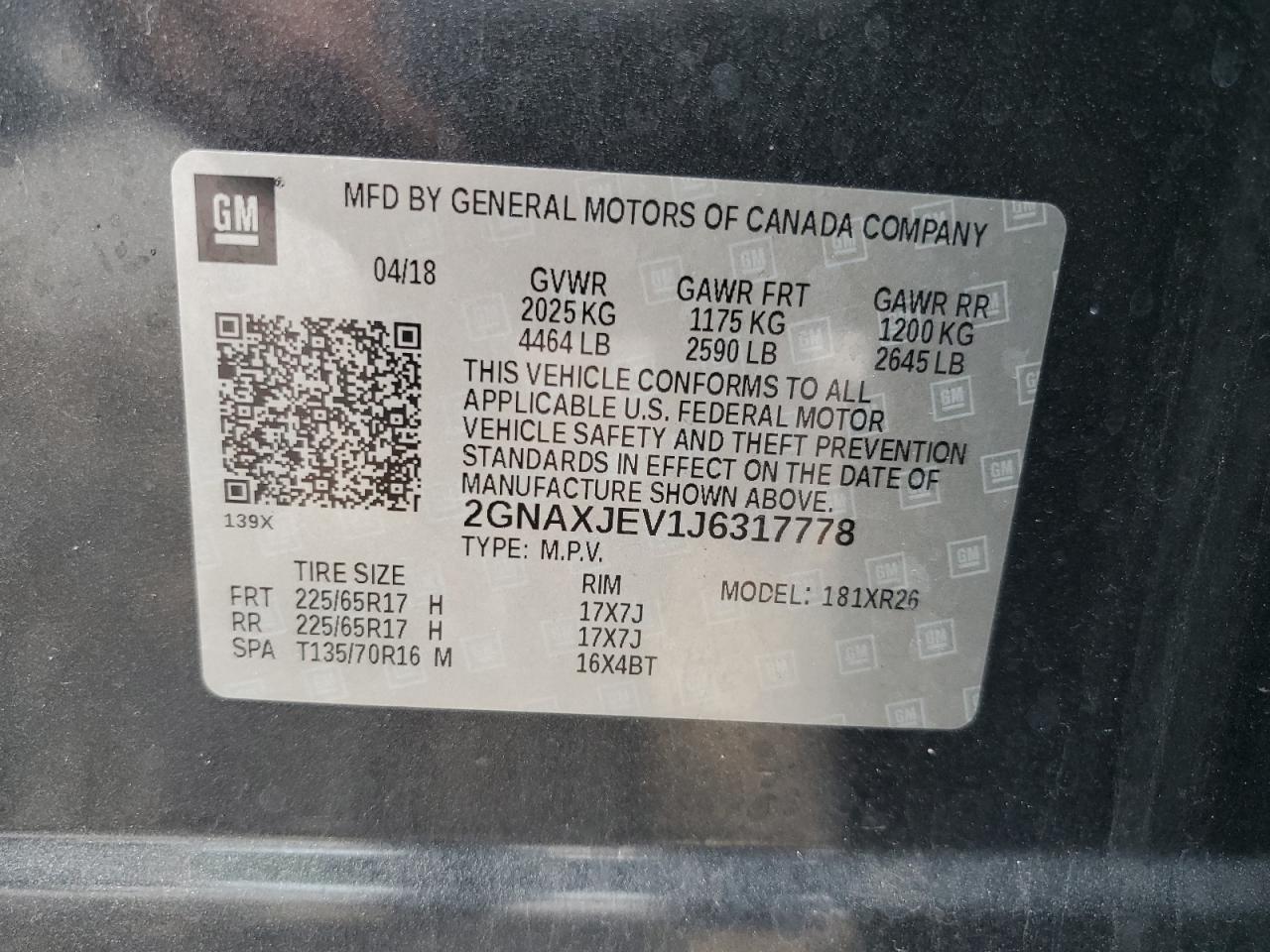 2GNAXJEV1J6317778 2018 Chevrolet Equinox Lt