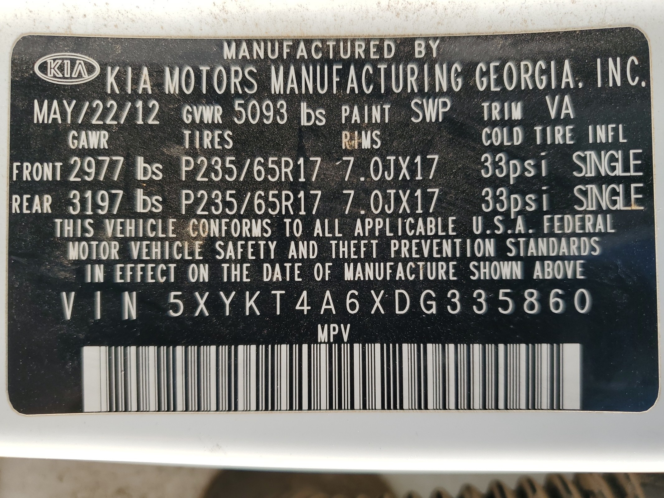 5XYKT4A6XDG335860 2013 Kia Sorento Lx