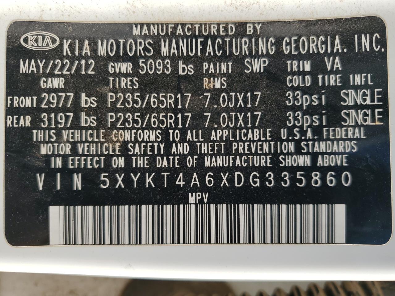 2013 Kia Sorento Lx VIN: 5XYKT4A6XDG335860 Lot: 68372104