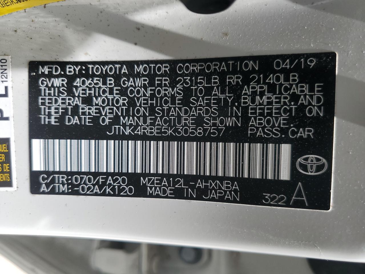 JTNK4RBE5K3058757 2019 TOYOTA COROLLA - Image 12