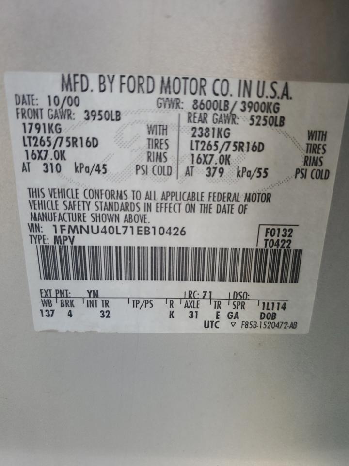 2001 Ford Excursion Xlt VIN: 1FMNU40L71EB10426 Lot: 66318394