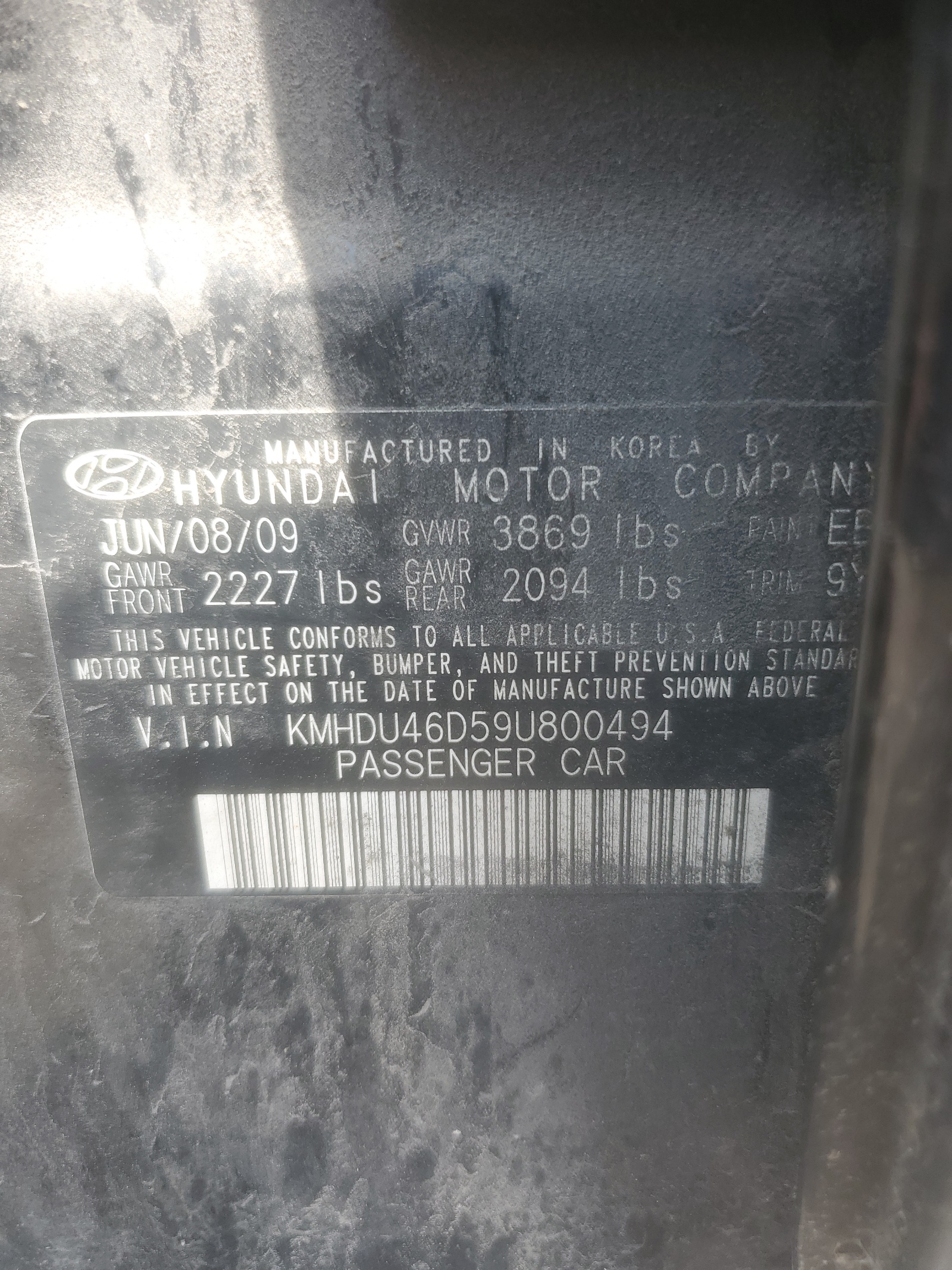 KMHDU46D59U800494 2009 Hyundai Elantra Gls