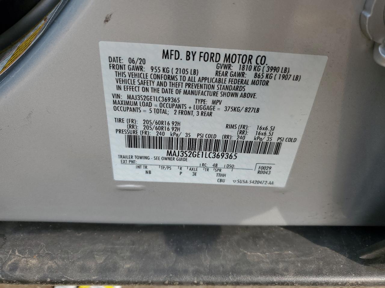 MAJ3S2GE1LC369365 2020 Ford Ecosport Se