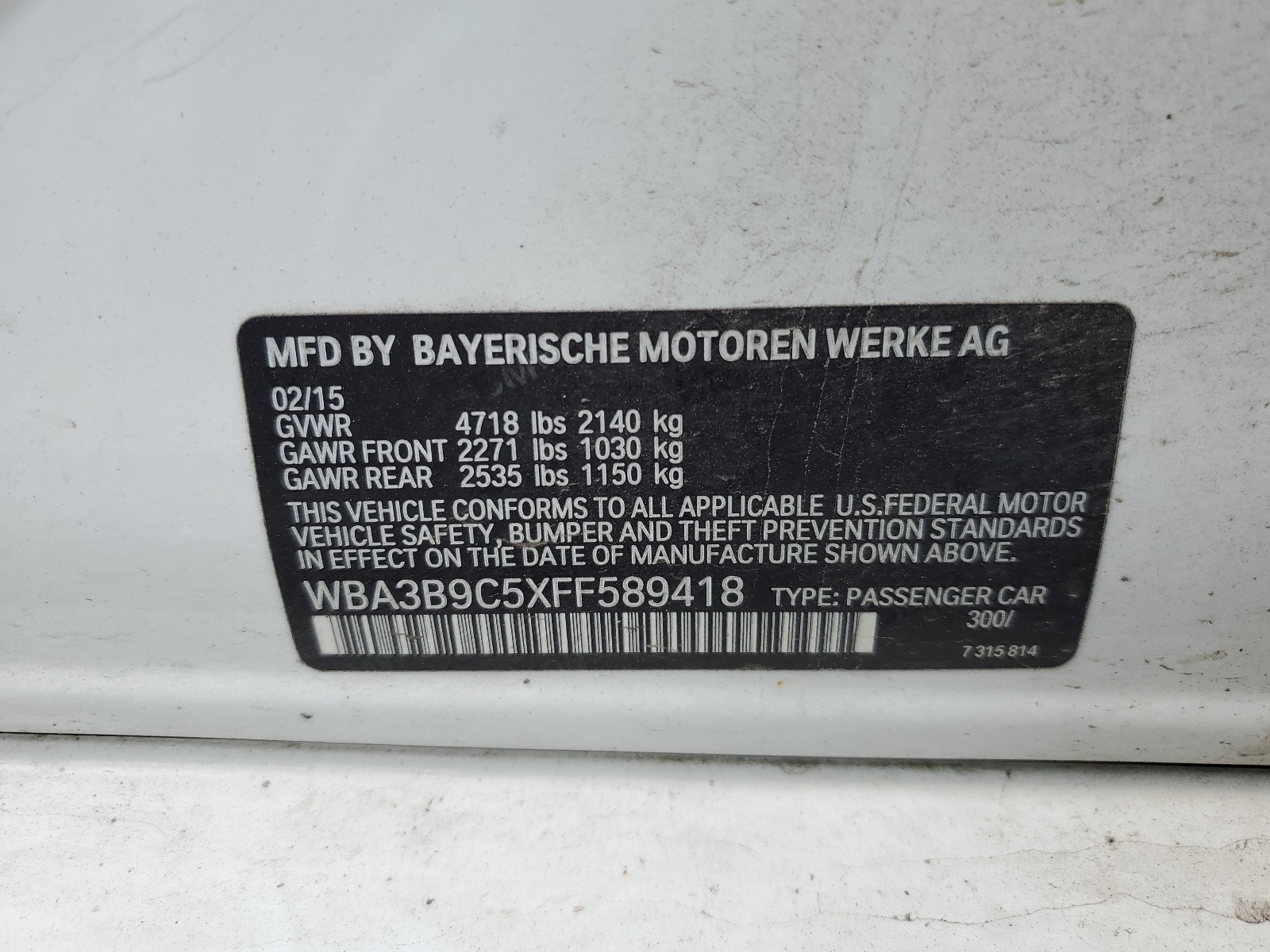 WBA3B9C5XFF589418 2015 BMW 335 Xi