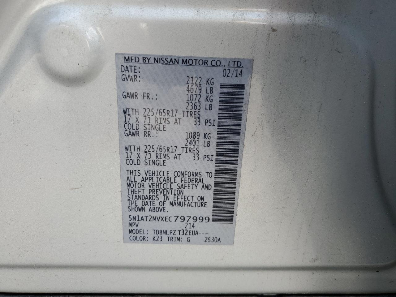 5N1AT2MVXEC797999 2014 Nissan Rogue S